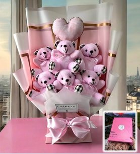 Premium Yumos Pembe Peluş Ayıcık Buketi Kalp Yastıklı