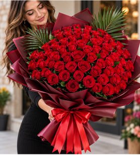 Premium Bukette 60 Kırmızı Gül Fenix Bitkisi