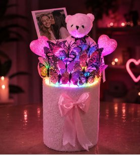RGB LED Işıklı Kelebek Buketi Peluş Ayıcıklı Kalp Süslü Kelebekli Çiçek Buketi Fotoğraflı Sevgiliye Arkadaşa Hediye