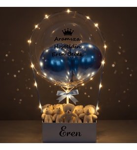 Kişiye Özel LED Işıklı Mavi Detaylı Peluş Ayıcıklı Balon Aranjmanı Erkek Bebek Yeni Doğan Hediyesi