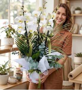 Özel Tasarım Premium 3 Dallı Jumbo Beyaz Orkide Üç Dal Bol Çiçekli Phalaenopsis