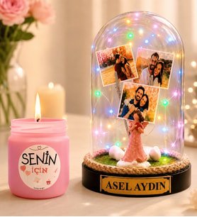 Kişiye Özel Yazılı 3 Fotoğraflı Renkli LED Işıklı Fanus Şans Melekli ve Cam Kokulu Mum Seti