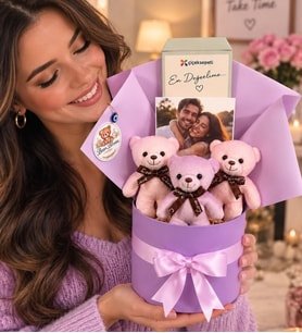 Bearbloom Premium Serisi Fotoğraflı Lila Ayıcık Buketi