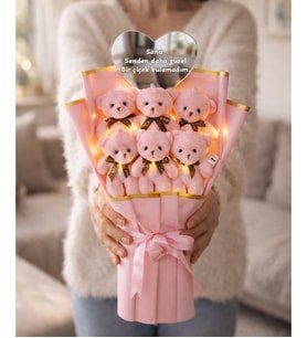 Aynalı LED Işıklı Pembe Peluş Ayıcık Buketi Ayıcıklı Peluş Buket