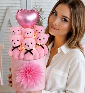 Premium Silindir Kalpli Pembe Kutusunda Balonlu LED Işıklı 6'lı Pembe Ayıcık Buketi Arkadaşa Sevgiliye Hediye