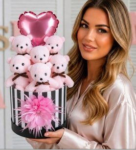 LED Işıklı Silindir Hediye Kutusunda Kalpli Balonlu 6'lı Pembe Ayıcık Buketi Arkadaşa Sevgiliye Hediye