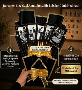 Babalar Gününe Özel Kişiye Özel Fotoğraflı İskambil Kartı Ani Buketi ve LED Işıklı Özel Mesajlı Babaya Hediye