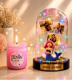 Kişiye Özel Yazılı 3 Fotoğraflı Renkli LED Işıklı Fanus Deinzkizi ve Cam Kokulu Mum Seti