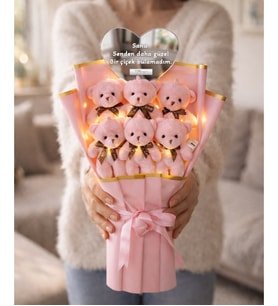 Aynalı Kişiye Özel LED Işıklı Pembe Peluş Ayıcık Buketi Ayıcıklı Peluş Buket