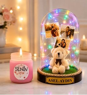 Kişiye Özel Yazılı 3 Fotoğraflı Renkli LED Işıklı Fanus Peluş Ayıcıklı ve Cam Kokulu Mum Seti