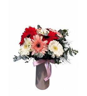 Bej Çizgili Polimer Vazoda Renkli Gerbera Aranjimanı