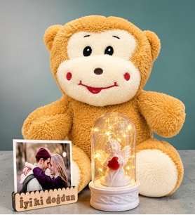 Fotoğraflı Doğum Günü Hediyesi Peluş Maymun ve LED Işıklı Beyaz Melekli Fanus Hediye Seti