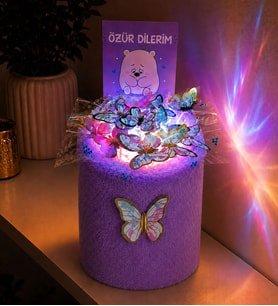 Özür Dilerim Hediyesi Notlu RGB Işıklı Kelebekli Lila Hediye Kutusu Çiçek Buketi Arkadaşa Sevgiliye Hediye