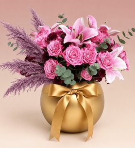 Premium Pembe Gül ve Lilyum Kasımpatı Aranjmanı Gold Saksıda Özel Tasarım