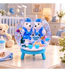 Anne Bebek Yeni Doğan Hediyelik Yeni Bebek Peluş Ayıcıklı Akvaryum Cam Fanus Buketi Ayaklı Kaideli Peri LED Işıklı Erkek