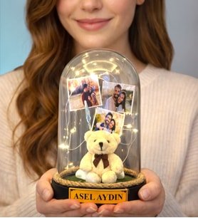 Peluş Ayıcık Temalı Kişiye Özel Tasarım LED Işıklı Fanus Hediyesi