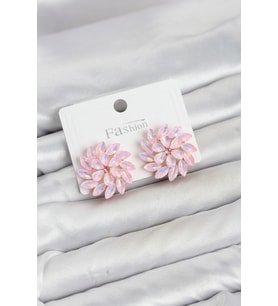 Pembe Renk Kristal Taşlı Çiçek Model Kadın Küpe